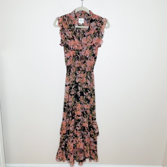 Misa Editha Ruffle Tiered Smocked Floral Print Midi Dress Pink Green Small - Picture 2 of 9